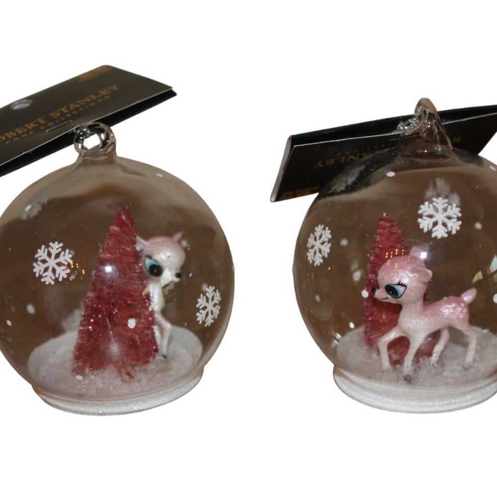 Robert Stanley Christmas Ornaments Deer Pink Snow Globe Retro Set Glass NWT FLAW
